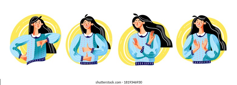 Girl with positive and negative emotions set. Woman shows thumbs up or down, like, okay, no, stop. Collection of hand gesture expressions. Vector character illustration of communication