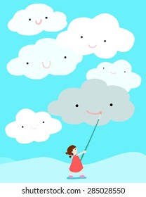 girl positive thinking draw smile on cloud vector illustration