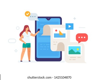 Girl post photos from a holiday in social networks icon, illustration. Smartphones tablets user interface social media.Flat illustration Icons infographics. Landing page site print poster. Eps vector.