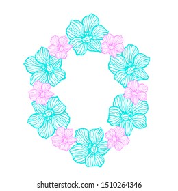 Girl postcard. Oval frame for text with with orchid flowers vector template. Wedding invitation, holiday, Poster template with floral sketch