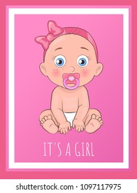 Its a girl poster for baby shower day vector illustration of newborn infant with pacifier in diapers isolated on pink background, female toddler banner