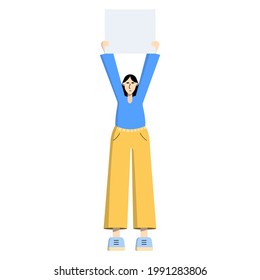 Girl with a poster, placard, banner in hands. Single picket. A woman is a participant in a rally, single picket, protest, procession, strike. Flat style. Vector illustration on white background.