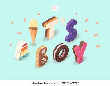 It's A Girl Poster. Sweet Isometric Text. Isometric Fonts For WebSites. Childhood Sweet Alphabet. 3D Font. Happy Birthday Party. Celebration. Realism