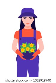 A girl with a potted plant. The child grows plants in the garden. Vector flat illustration