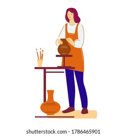 A girl in a pottery workshop is standing with a made pot. Brushes for painting are on the table. Vector illustration in flat style. Isolated on white background.