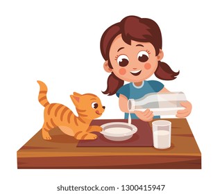 girl pouring milk to kitty