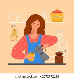 Girl pours coffee into a mug from a geyser coffee maker. There is a coffee grinder on the table. There is a can of coffee on the kitchen shelf. Vector Illustration in flat style