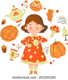 
girl pours tea around the attributes of autumn