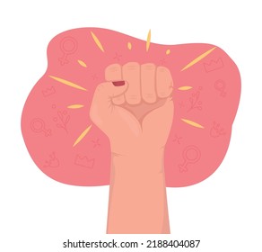 Girl power 2D vector isolated illustration. Feminism. Raised fist flat hand gesture on cartoon background. Fighting for women rights colourful editable scene for mobile, website, presentation