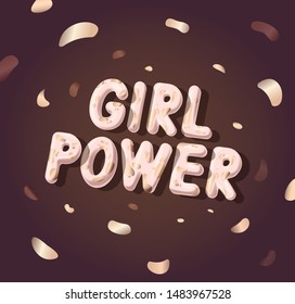 Girl Power. 3D pink Letters with golden spots. Gold splashing confetty. Women's Day greeting card