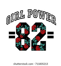 Girl Power 82 Slogan Fashion stripes, Rose with leaves Rock girl gangs, clothes for T-shirt with printed graphic design. Vector A set of stickers, embroidery, applique in the style of ancient breeds.