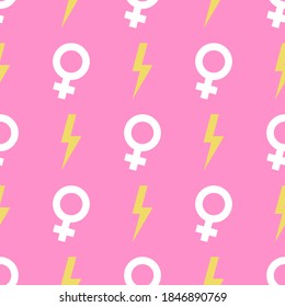 Girl power background with flash lightning and female symbols. Feminism themed seamless pattern. Yellow bolts on pink background. Vector illustration.