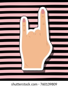 girl power background with hand in skin color sticker making horn signal on striped background