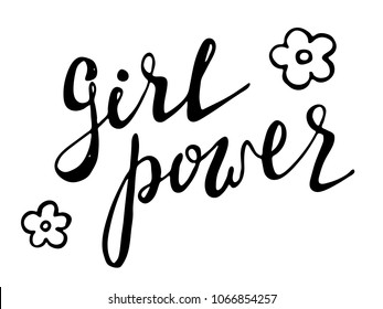 Girl power black and white quote. Grl pwr, feminism lettering. Women right. Female symbols. Vector hand drawn illustration. Can be used as print for poster, t shirt, postcard.