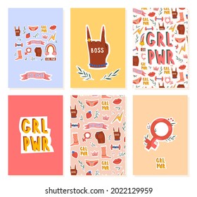Girl power card with feminist womens symbol on birthday postcard with lettering in trendy hand drawn style. International women's day poster. Vector stock illustration