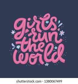 Girl power cartoon vector lettering. Girls run the world stylized typography with flowers. Song phrase clipart. Feminism slogan, quote. Motivational poster, t-shirt, banner isolated design element