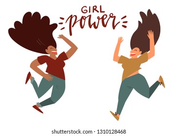 Girl power - celebration card template vector with handwritten lettering and hand drawn illustration of two happy women friends isolated on white.