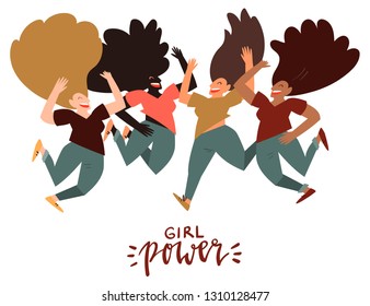 Girl power - celebration card template with handwritten lettering and hand drawn illustration of happy group of women jumping in air isolated on white. International women day.