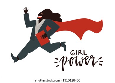 Girl power - celebration card template vector with handwritten lettering and hand drawn illustration of happy business woman in super hero cape running isolated on white.