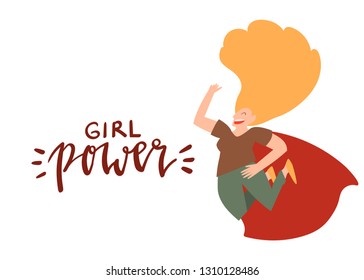 Girl power - celebration card template with handwritten lettering and hand drawn illustration of happy woman jumping in air in superhero cape isolated on white. International women day.