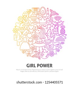Girl Power Circle Concept. Vector Illustration of Outline Design.