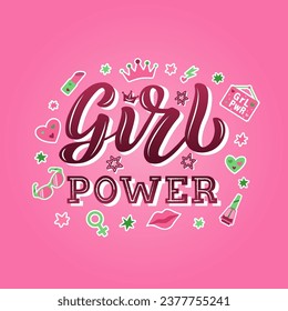 Girl Power color lettering phrase on textured background. Hand drawn vector illustration with text decor for concept or card. Positive motivational quote with cartoon icons set for banner or poster