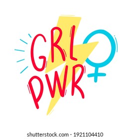 
Girl power colorful handwritten with lightning draw on yellow color. GRL PWR hand lettering. For Feminist slogan, phrase or quote. Modern vector illustration.