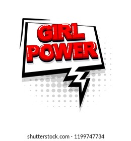 Girl power comic text collection sound effects pop art style. Set vector speech bubble with word and short phrase cartoon expression illustration. Comics book red colored background template.