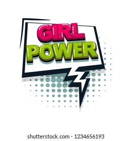 Girl power comic text collection sound effects pop art style. Set vector speech bubble with word and short phrase cartoon expression illustration. Comics book colored background template.