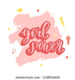 Girl power composition with handwritten lettering, paint brush line and stickers card. Background with simple items. Template for social media networks. Vector illustration.