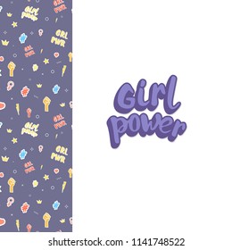 Girl power composition with handwritten lettering and stickers pattern card. Background with simple items. Template for graphic design. Vector illustration.