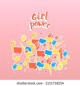 Girl power composition stickers card. Background with simple items. Template for graphic design. Vector illustration.