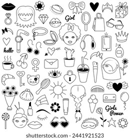 Girl power concept in doodle style. Set of feminism symbols icons. Vector illustration in black and white.