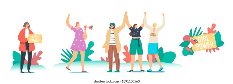 Girl Power Concept. Female Characters on Demonstration for Women Rights. Young Girls with Hands Up, Feminism and Feminine, Woman Empowerment Idea, Togetherness. Cartoon People Vector Illustration