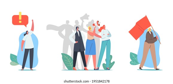 Girl Power Concept. Female Characters on Demonstration for Women Rights. Young Girls with Flags and Bullhorn. Feminism and Feminine, Empowerment Idea, Togetherness. Cartoon People Vector Illustration