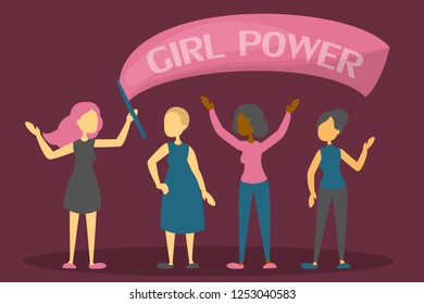 Girl power concept illustration. Idea of strong woman. Female march and fight. Feminism parade. Vector flat style.