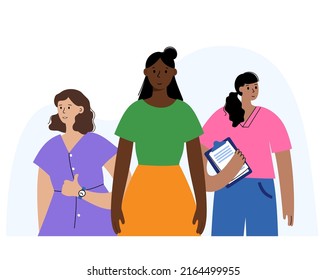 Girl power concept. Poster with an international group of women. Happy female cartoon characters stay together. Union of feminists or sisterhood, females empowerment movement flat vector illustration.