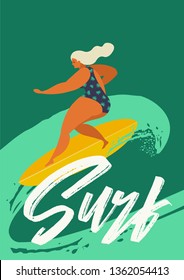 Girl power concept. Girl surfer riding a surfboard catching waves illustration. 