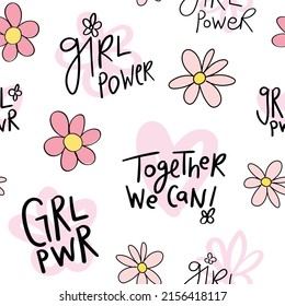 Girl power concept text, cute pink flower and heart drawings. Seamless pattern repeating texture background design for fashion graphics, textile prints, fabrics, wallpapers.