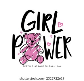 Tipografía de concepto de poder de las niñas y oso de peluche rosa lindo. Diseño de ilustraciones vectoriales para gráficos de moda, estampados de camisetas, afiches.