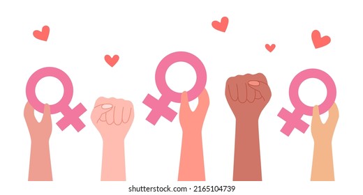 Girl power concept vector illustration. Woman fist hands and holding feminine symbol in flat design on white background.