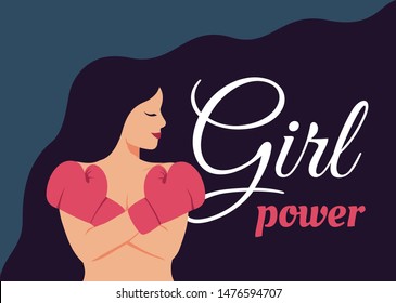 Girl power concept of young woman crossed her arms over her chest in Boxing gloves. Vector illustration in simple style with Feminism quote and woman motivational slogan