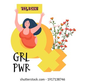 Girl power concept. Young woman in feminine symbol holding banner. Protest for feminism vector metaphor