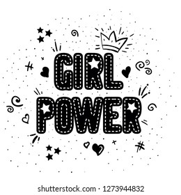Girl power with crown lettering with on white background. Woman motivational slogan and phrase. Feminist quote. Feminist saying. Stylish girly print for poster, stickers, patches