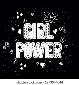 Girl power with crown lettering with on black background. Woman motivational slogan and phrase. Feminist quote. Feminist saying. Stylish girly print for poster, stickers, patches