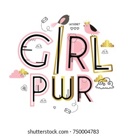 Girl power. Cute vector illustration with clouds, birds and lettering. Card in scandinavian style.