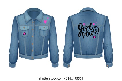 Girl Power Denim Jacket With Heart And Crown Patches. Jeans Chirt Clothing For Fashionable Women. Wamus With Pockets Isolated On Vector Illustration