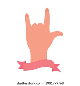 girl power design, hand with rock symbol gesture and pink ribbon over white background, flat style, vector illustration