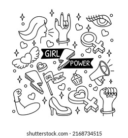 girl power doodle hand drawn design pattern background - Shutterstock ID 2168734515