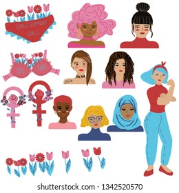 Girl power elements in flat style EPS 10